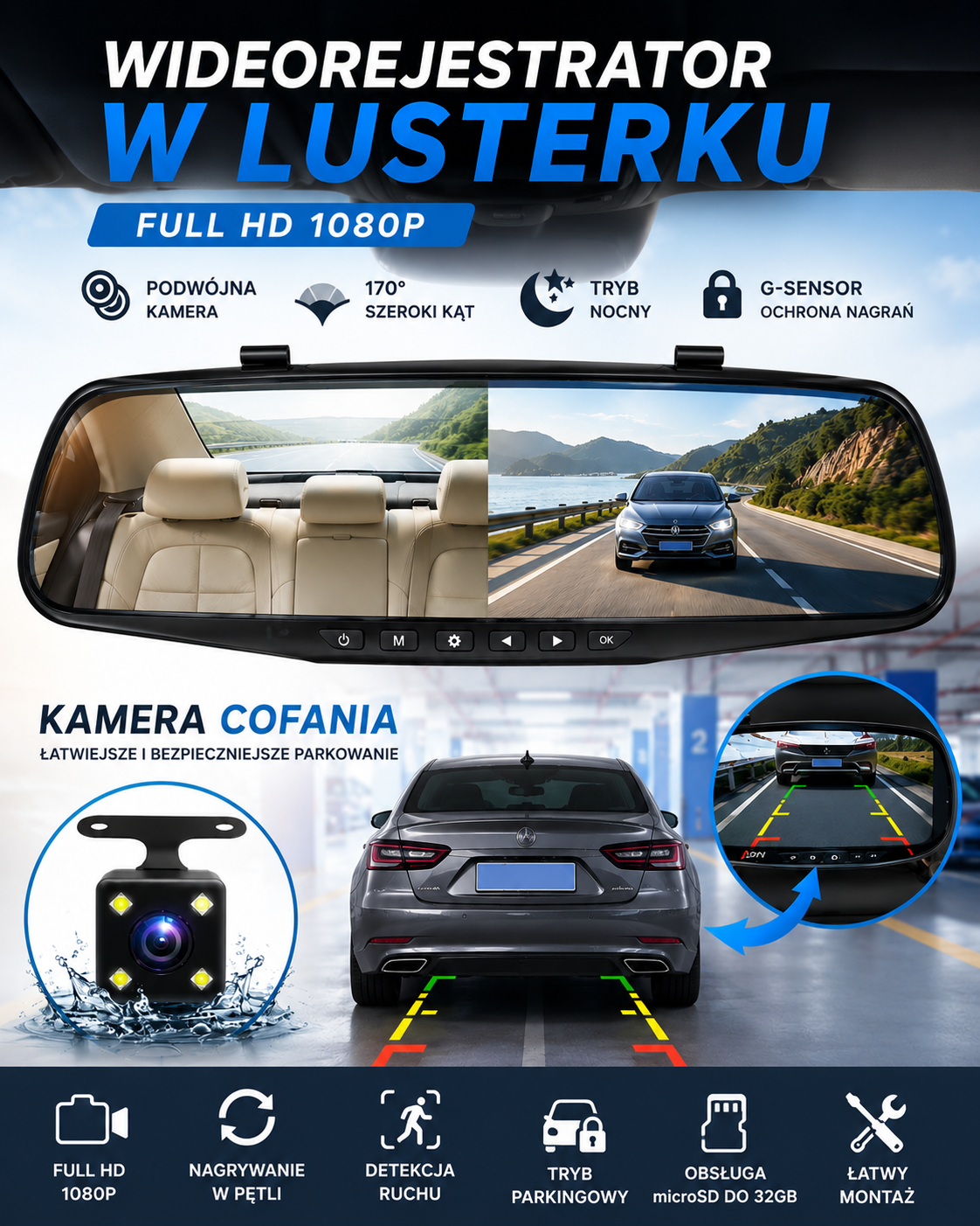 Wideorejestrator samochodowy w lusterku Full HD AutoVision™ + z kamerą cofania