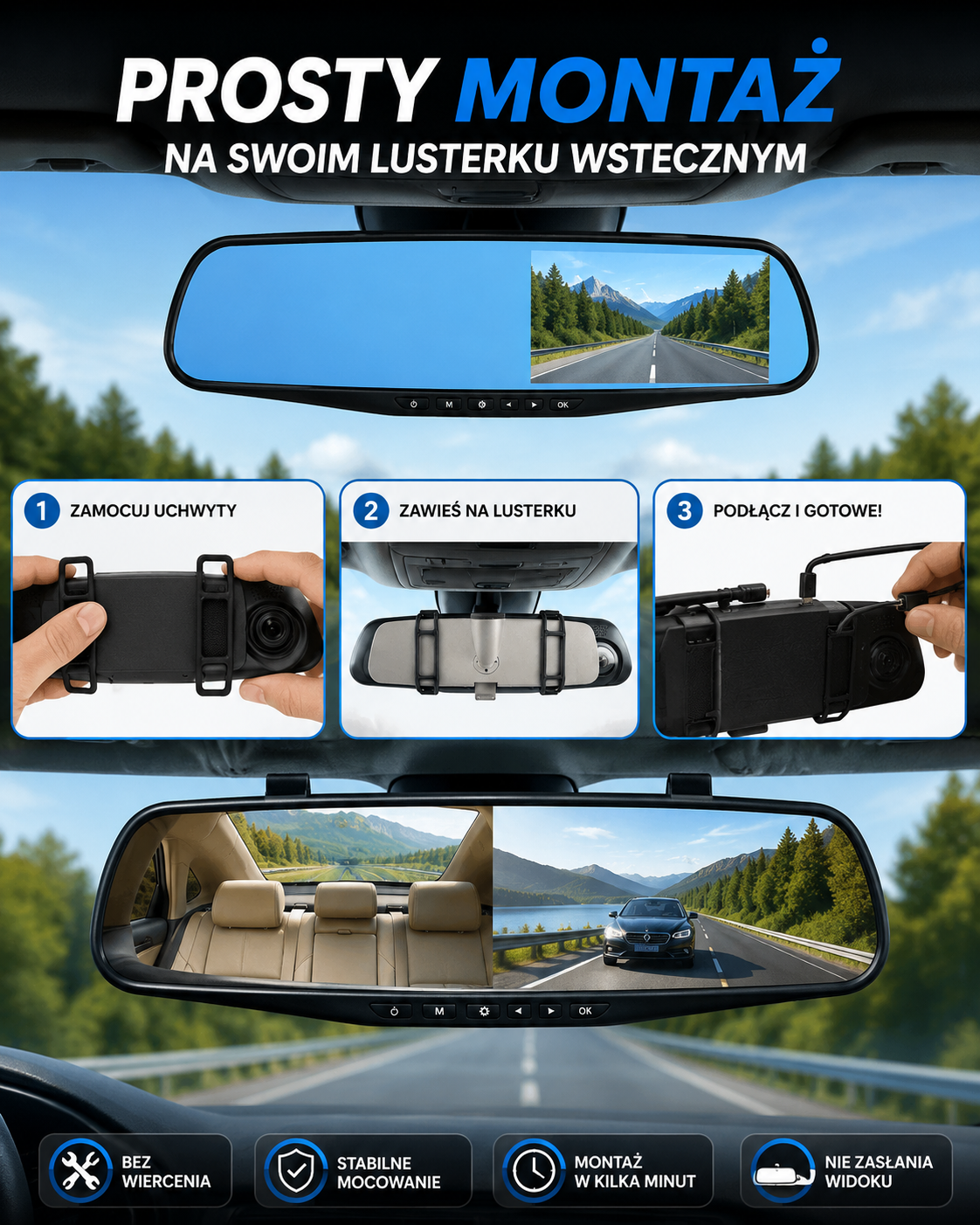 Wideorejestrator samochodowy w lusterku Full HD AutoVision™ + z kamerą cofania