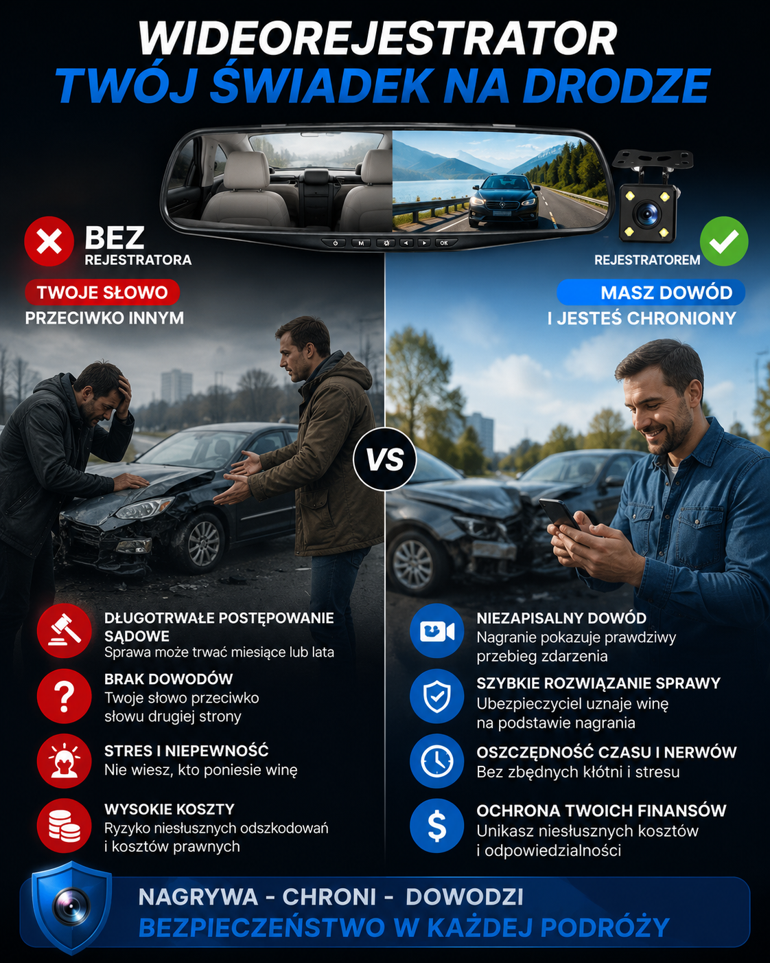 Wideorejestrator samochodowy w lusterku Full HD AutoVision™ + z kamerą cofania