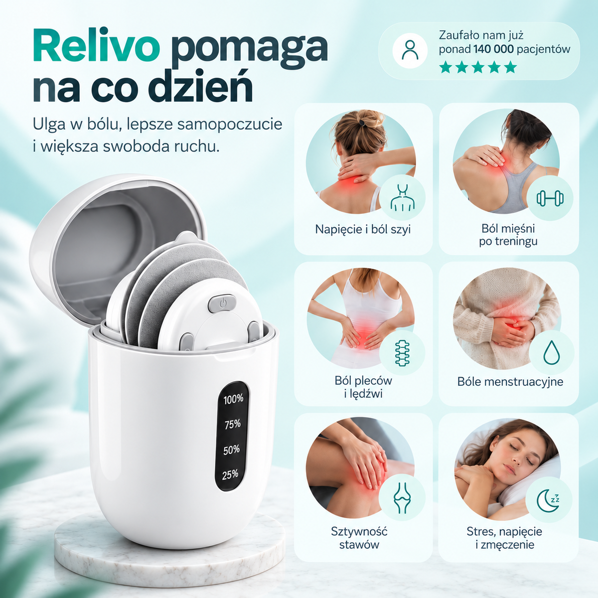Relivo™ – Bezprzewodowy Masażer Impulsowy EMS + TENS